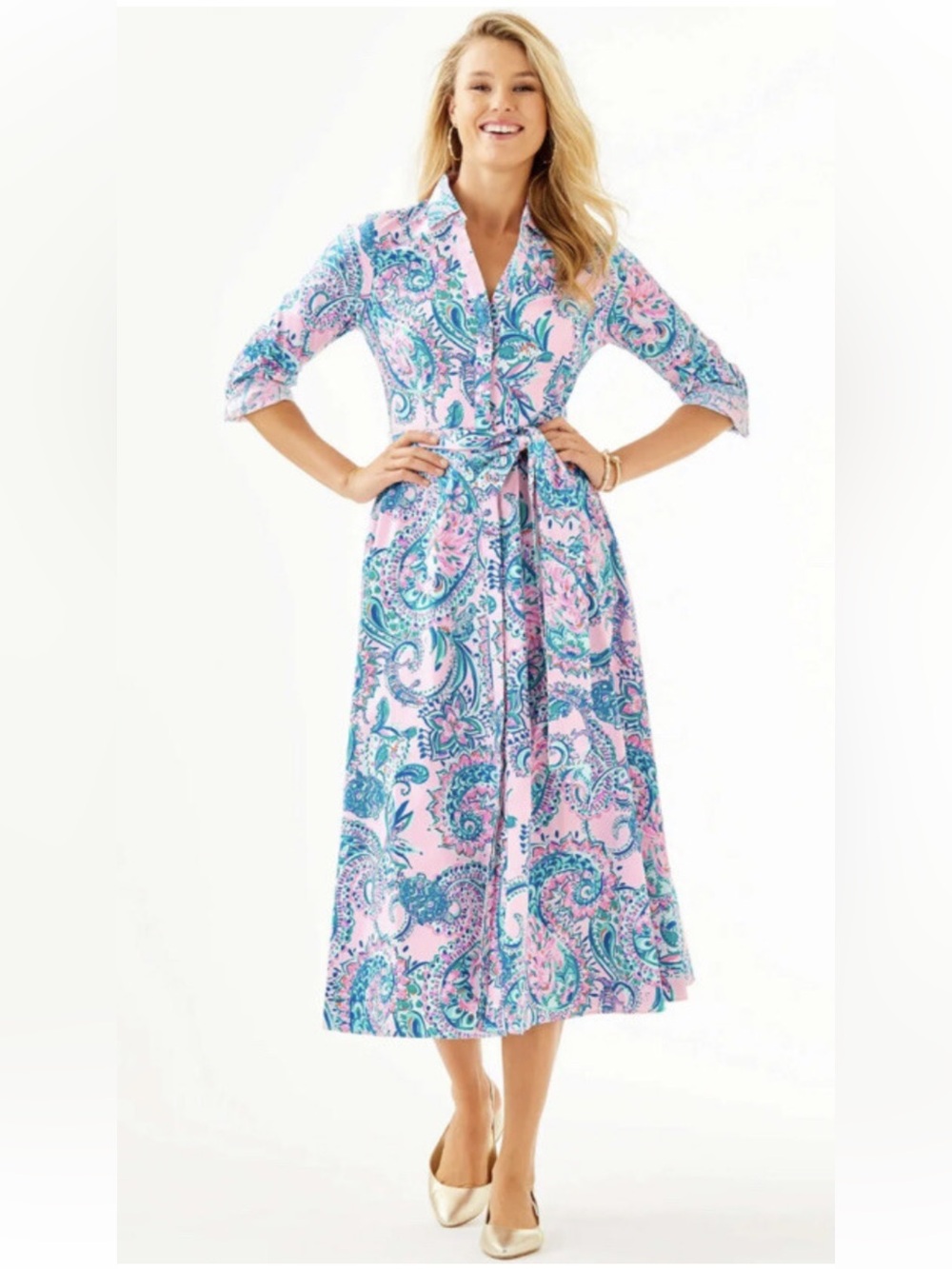 Lilly Pulitzer Mira Stretch Midi Shirtdress in "Pink Tropics Tint Size 16 NWOT
